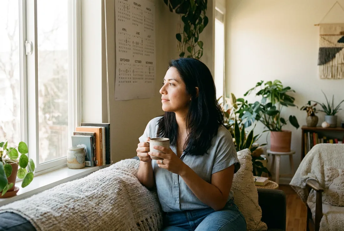 Mujer revisando un calendario junto a la ventana