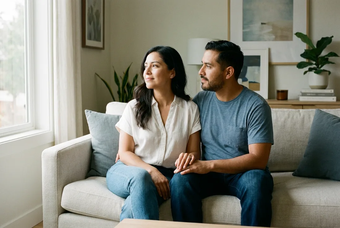 Pareja en casa mirando hacia la ventana