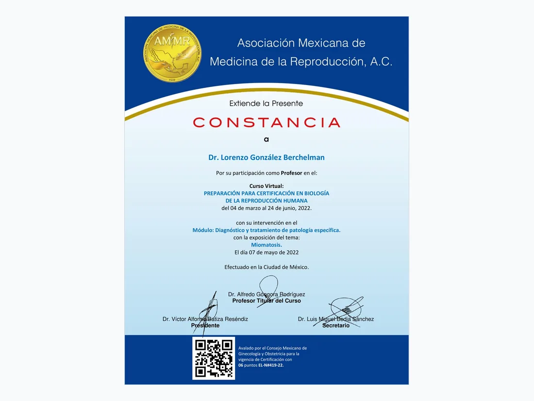 Profesor, may 2022 — Curso de preparación para la certificación en Biología de la Reproducción Humana, AMMR