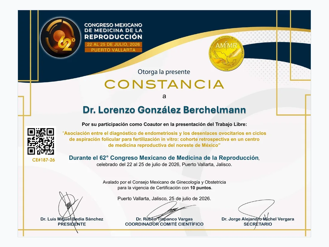 Coautor de trabajo libre, jul 2026 — Endometriosis y desenlaces ovocitarios en FIV - 62.° Congreso Mexicano de Medicina de la Reproducción, Puerto Vallarta