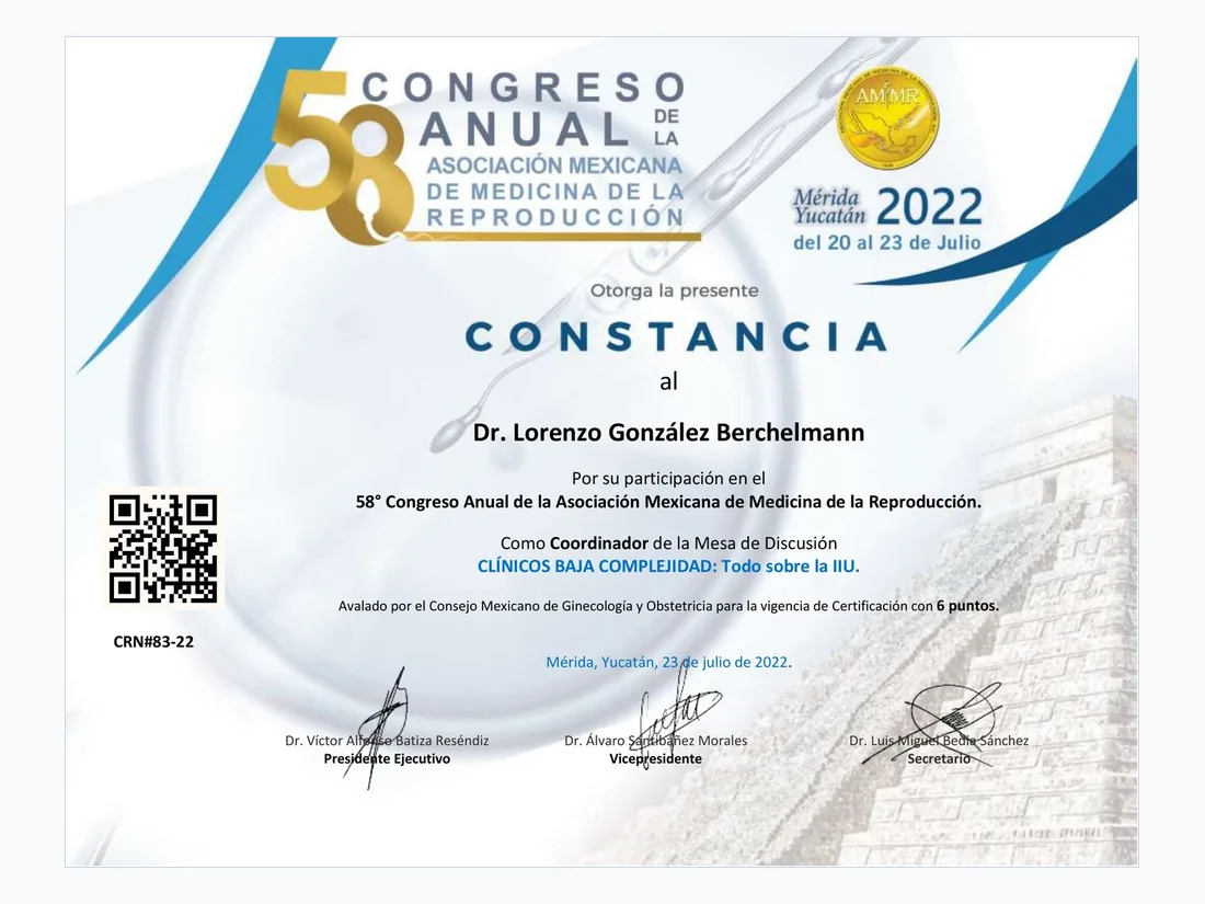 Coordinador de mesa, jul 2022 — 58.° Congreso Mexicano de Medicina de la Reproducción - Mérida